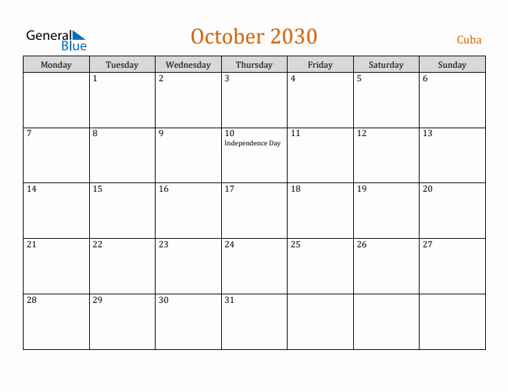 October 2030 Holiday Calendar with Monday Start