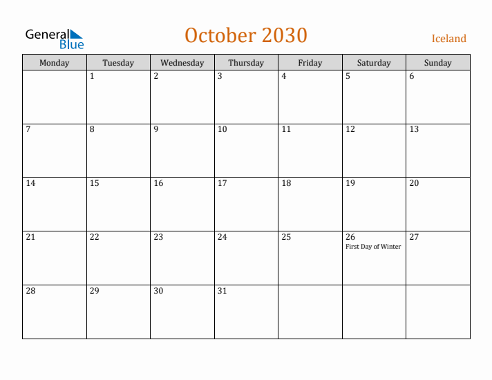 October 2030 Holiday Calendar with Monday Start