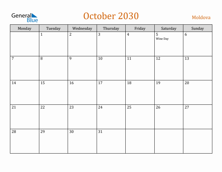 October 2030 Holiday Calendar with Monday Start