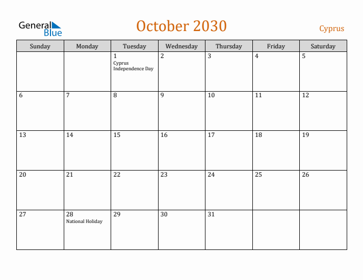 October 2030 Holiday Calendar with Sunday Start