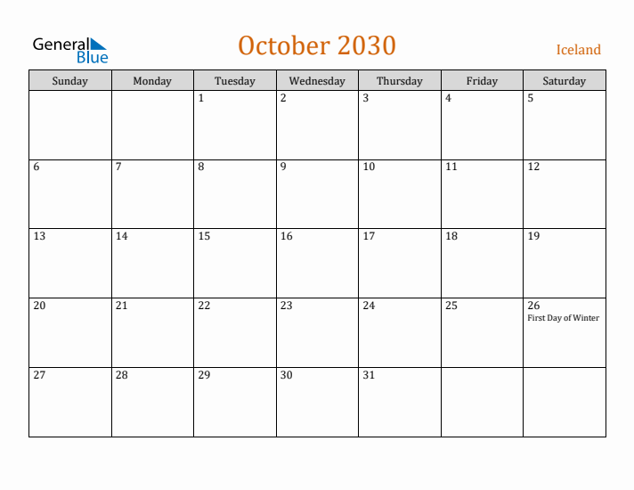 October 2030 Holiday Calendar with Sunday Start