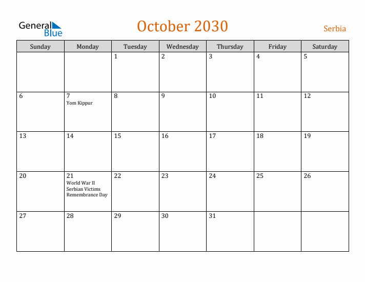 October 2030 Holiday Calendar with Sunday Start