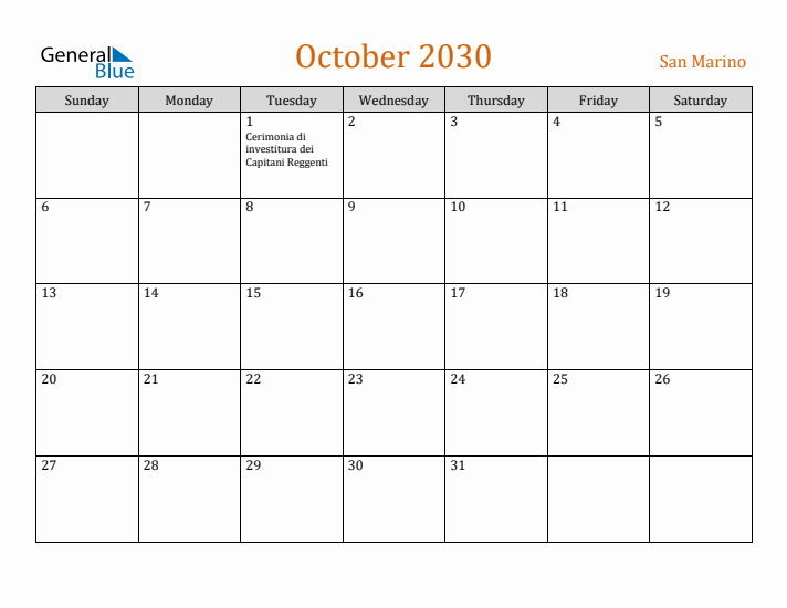 October 2030 Holiday Calendar with Sunday Start