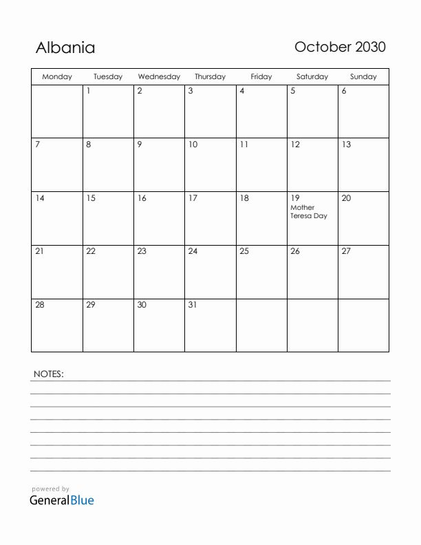 October 2030 Albania Calendar with Holidays (Monday Start)