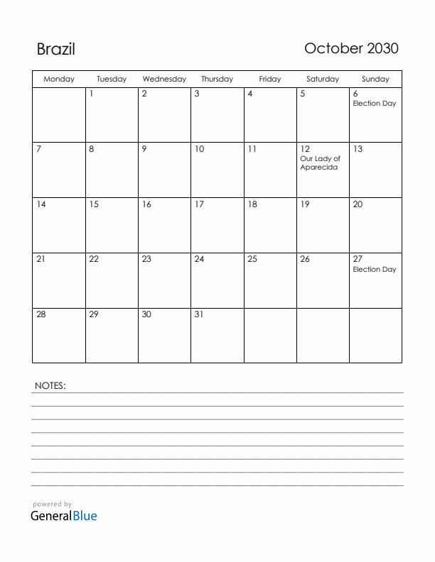 October 2030 Brazil Calendar with Holidays (Monday Start)