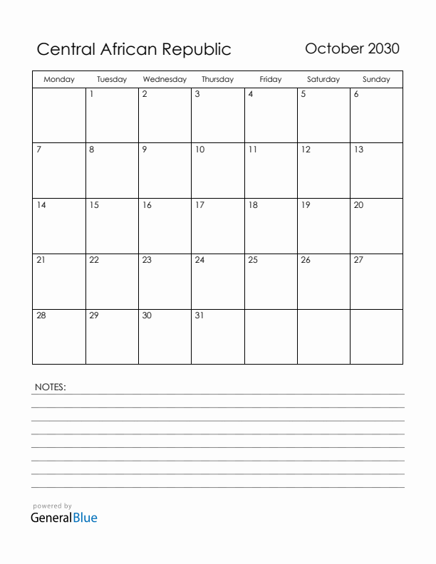 October 2030 Central African Republic Calendar with Holidays (Monday Start)