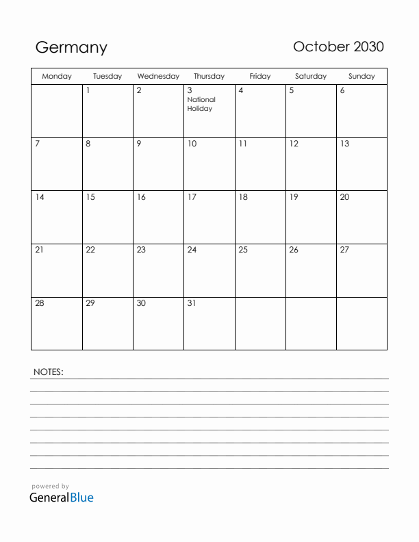 October 2030 Germany Calendar with Holidays (Monday Start)