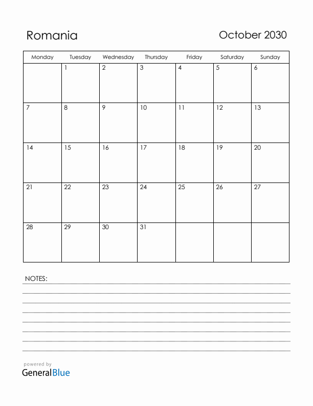 October 2030 Romania Calendar with Holidays (Monday Start)