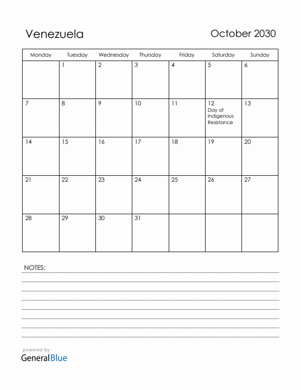 October 2030 Venezuela Calendar with Holidays (Monday Start)