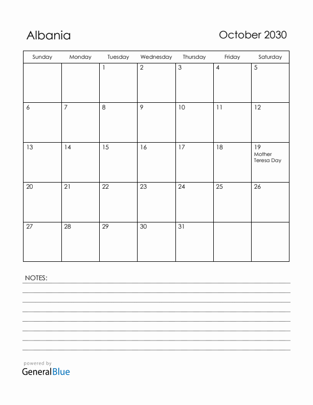 October 2030 Albania Calendar with Holidays (Sunday Start)