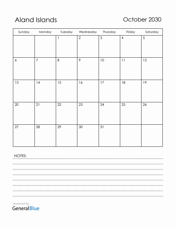 October 2030 Aland Islands Calendar with Holidays (Sunday Start)