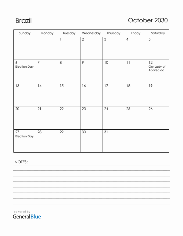 October 2030 Brazil Calendar with Holidays (Sunday Start)
