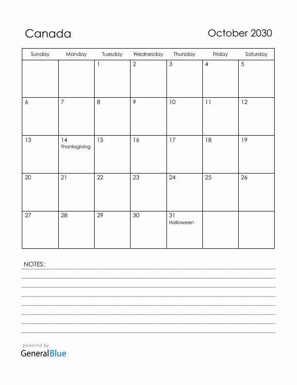 October 2030 Canada Calendar with Holidays (Sunday Start)