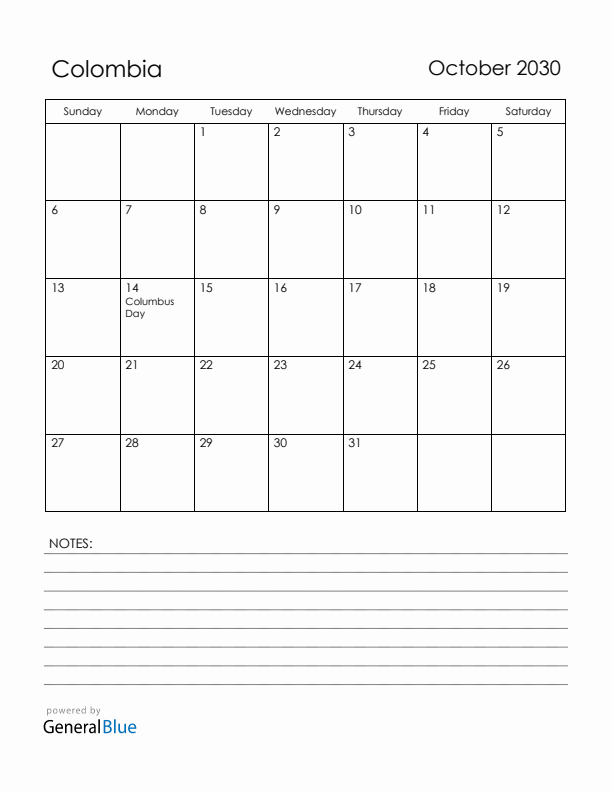 October 2030 Colombia Calendar with Holidays (Sunday Start)