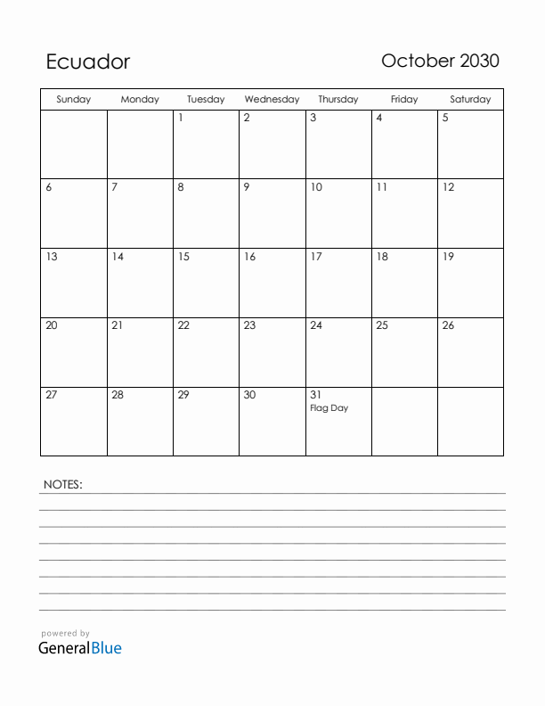October 2030 Ecuador Calendar with Holidays (Sunday Start)