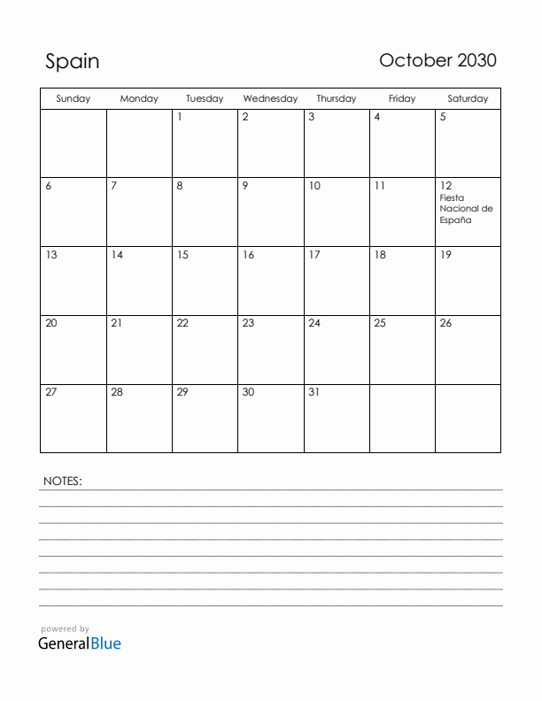 October 2030 Spain Calendar with Holidays (Sunday Start)