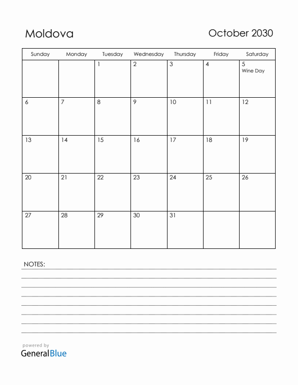 October 2030 Moldova Calendar with Holidays (Sunday Start)