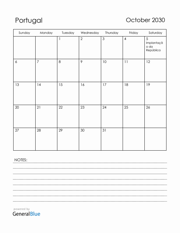 October 2030 Portugal Calendar with Holidays (Sunday Start)