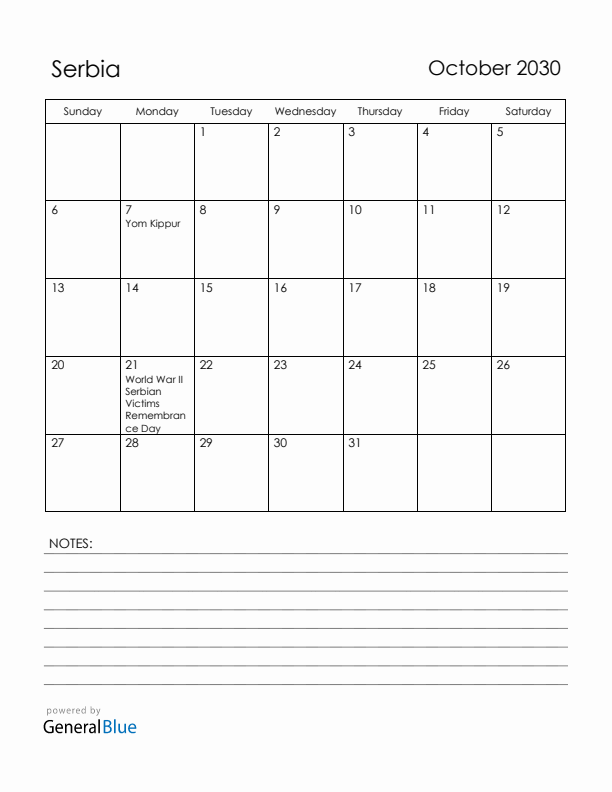 October 2030 Serbia Calendar with Holidays (Sunday Start)