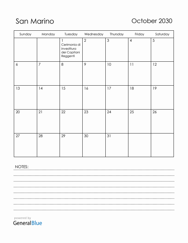 October 2030 San Marino Calendar with Holidays (Sunday Start)