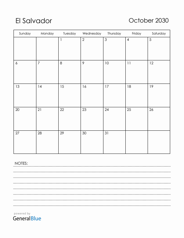 October 2030 El Salvador Calendar with Holidays (Sunday Start)