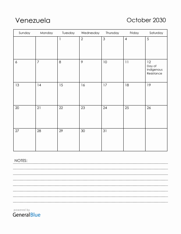 October 2030 Venezuela Calendar with Holidays (Sunday Start)