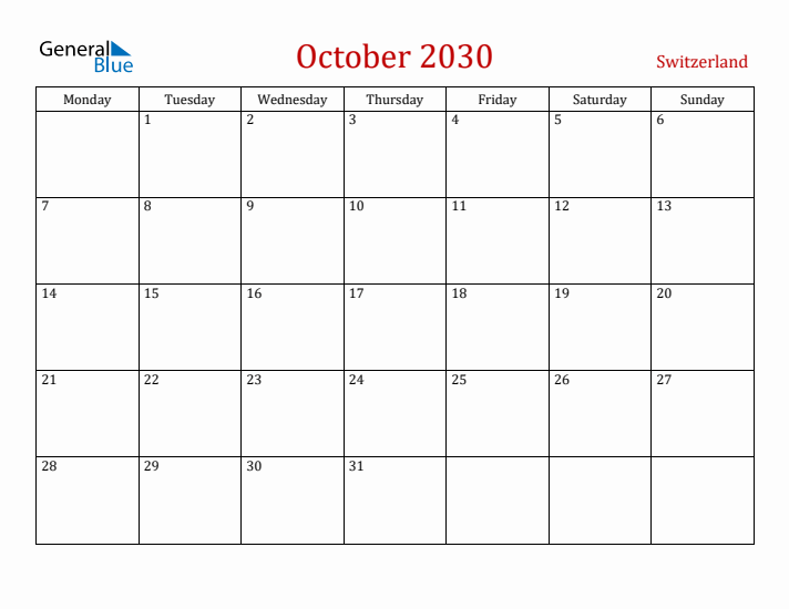 Switzerland October 2030 Calendar - Monday Start