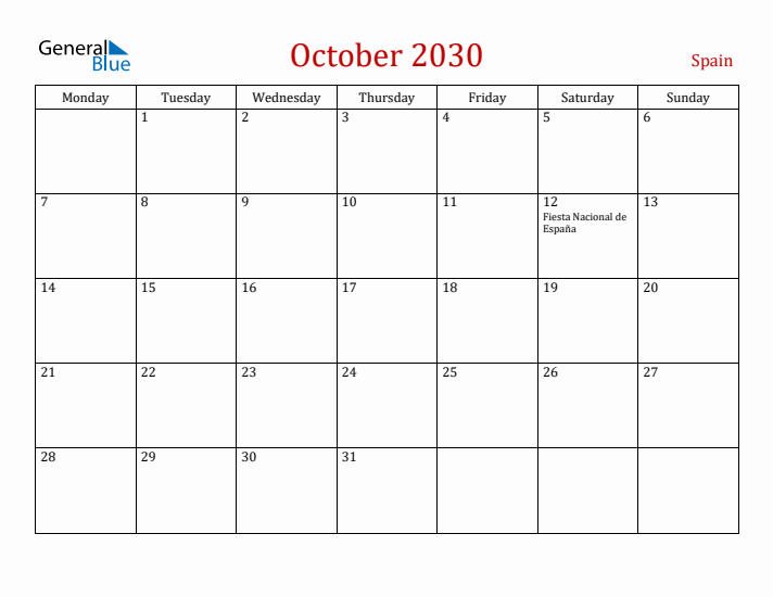 Spain October 2030 Calendar - Monday Start