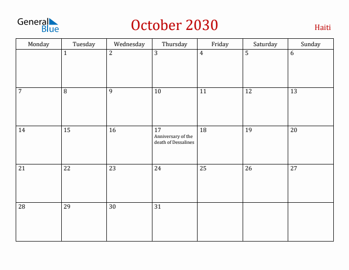 Haiti October 2030 Calendar - Monday Start