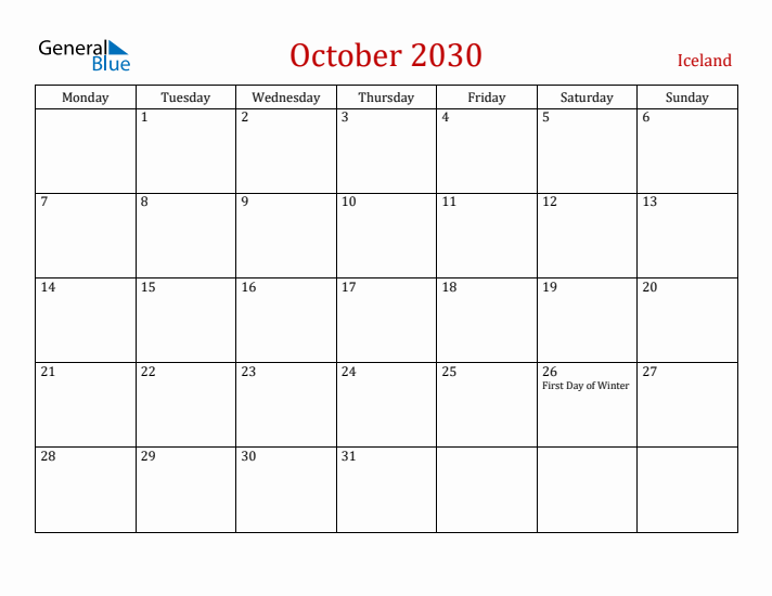 Iceland October 2030 Calendar - Monday Start