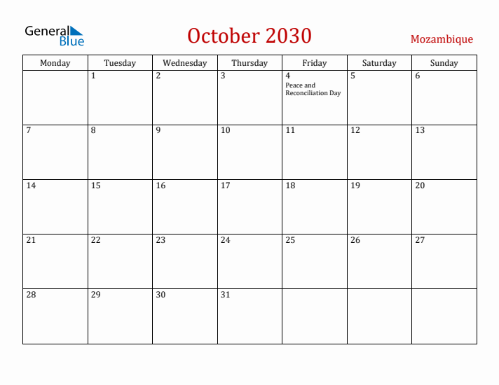 Mozambique October 2030 Calendar - Monday Start