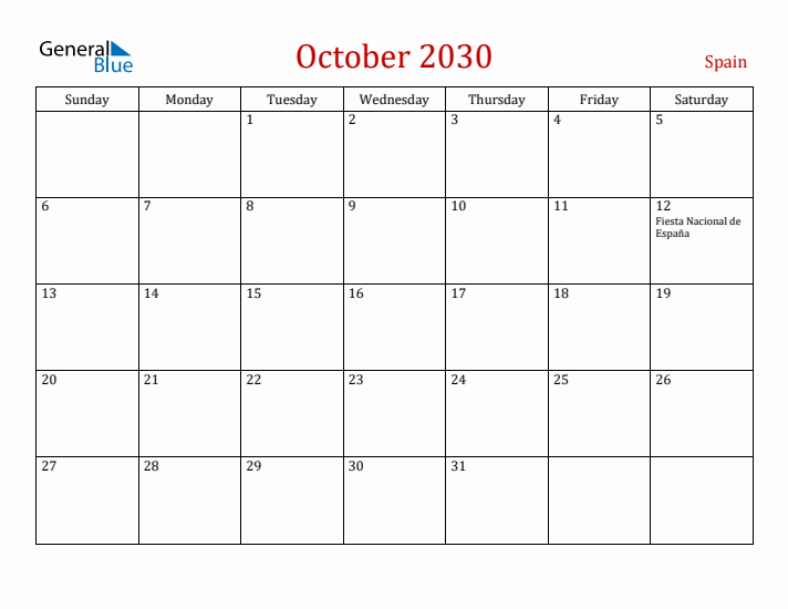 Spain October 2030 Calendar - Sunday Start