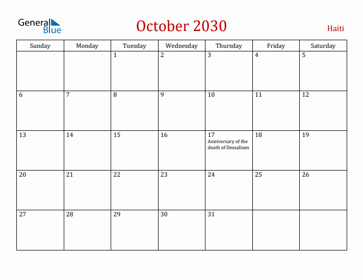 Haiti October 2030 Calendar - Sunday Start