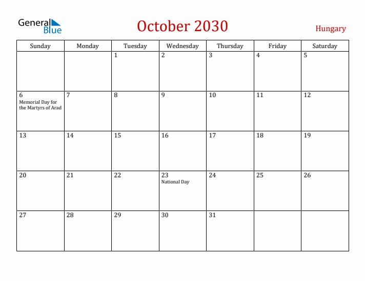 Hungary October 2030 Calendar - Sunday Start