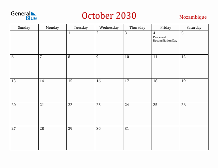 Mozambique October 2030 Calendar - Sunday Start