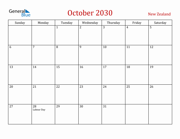 New Zealand October 2030 Calendar - Sunday Start