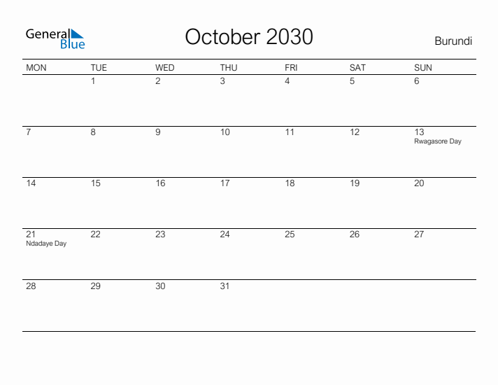 Printable October 2030 Calendar for Burundi