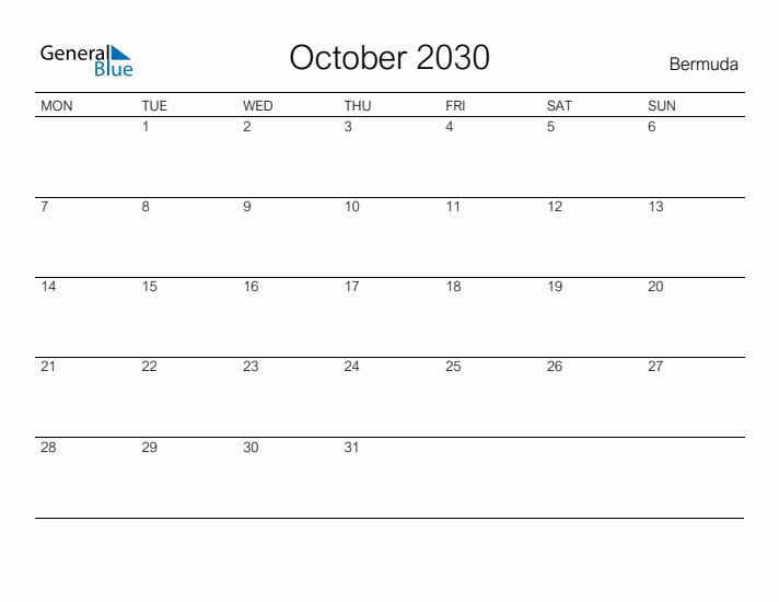 Printable October 2030 Calendar for Bermuda