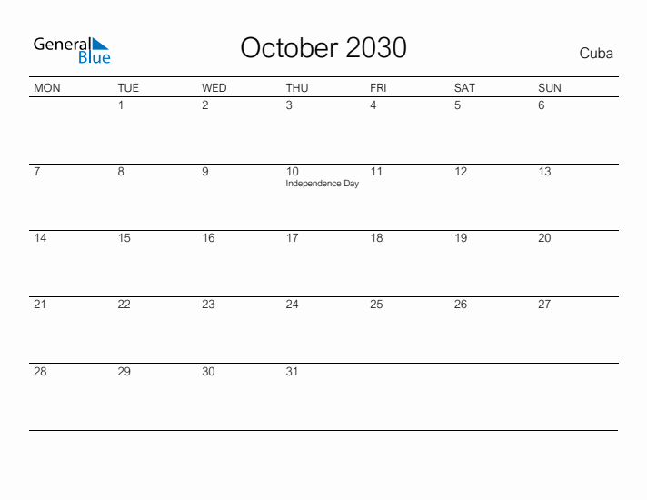 Printable October 2030 Calendar for Cuba