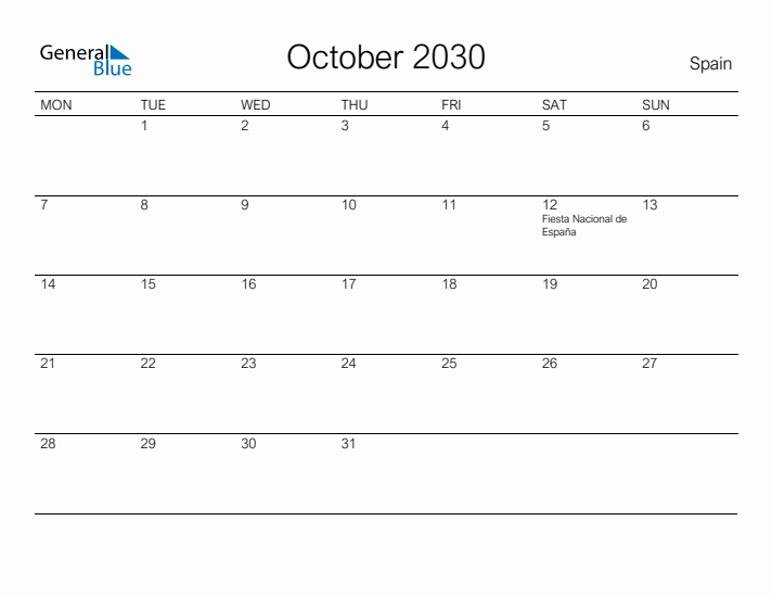 Printable October 2030 Calendar for Spain