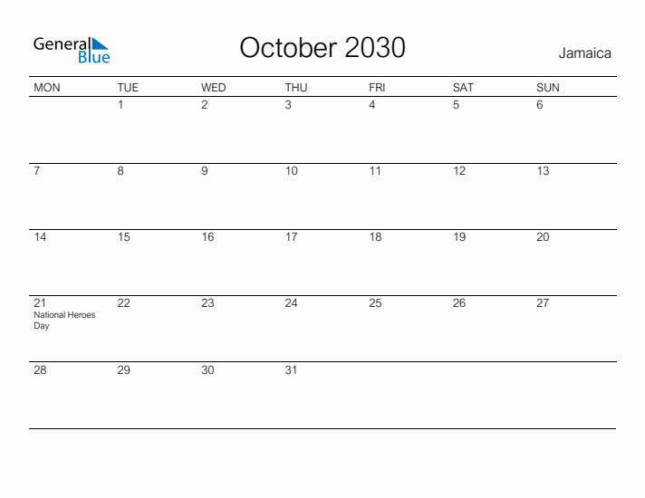 Printable October 2030 Calendar for Jamaica