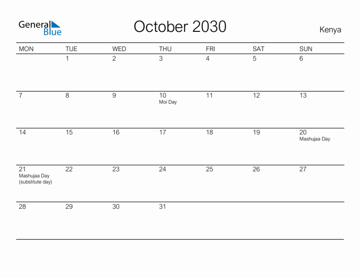 Printable October 2030 Calendar for Kenya