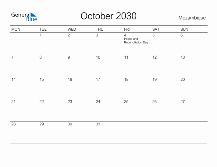 Printable October 2030 Calendar for Mozambique