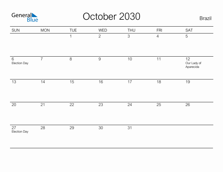 Printable October 2030 Calendar for Brazil