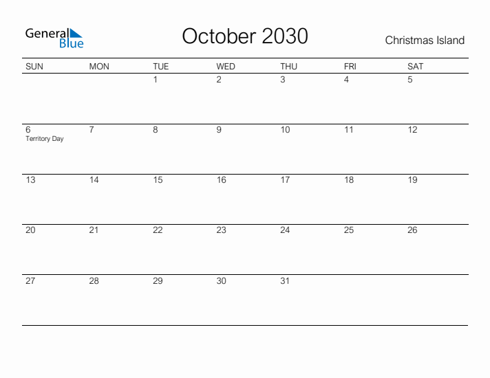 Printable October 2030 Calendar for Christmas Island