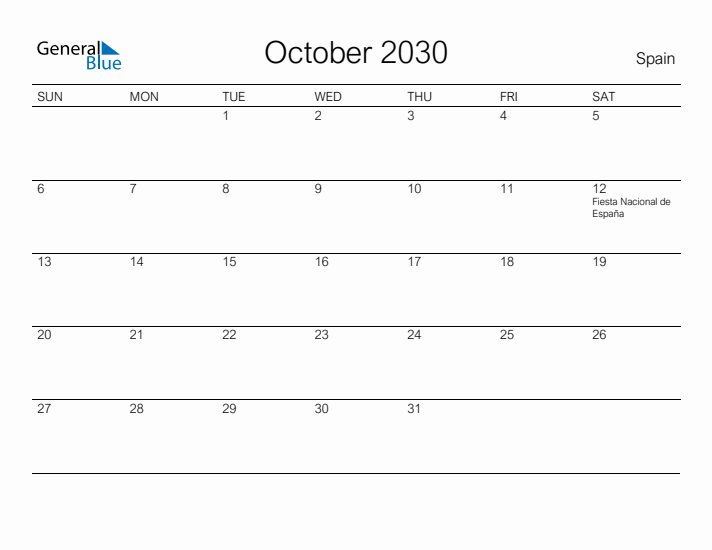 Printable October 2030 Calendar for Spain