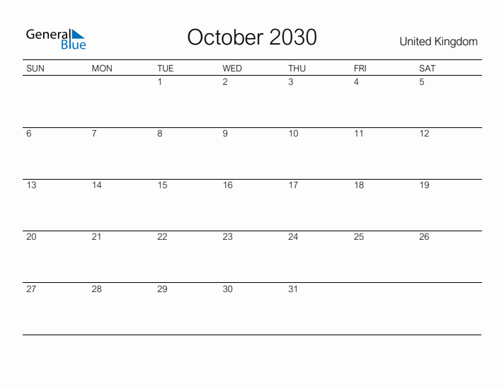 Printable October 2030 Calendar for United Kingdom