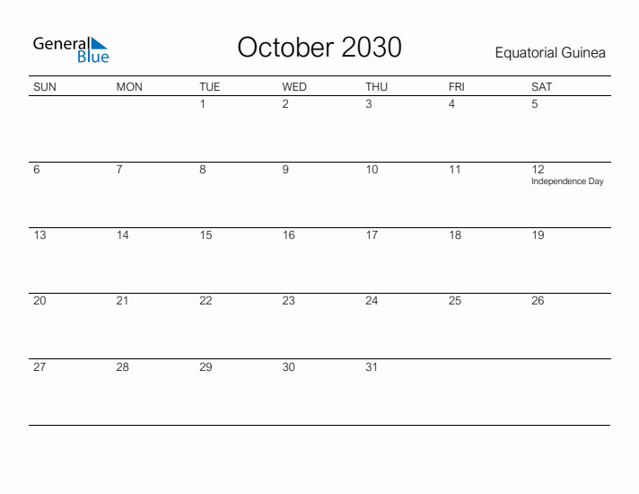 Printable October 2030 Calendar for Equatorial Guinea