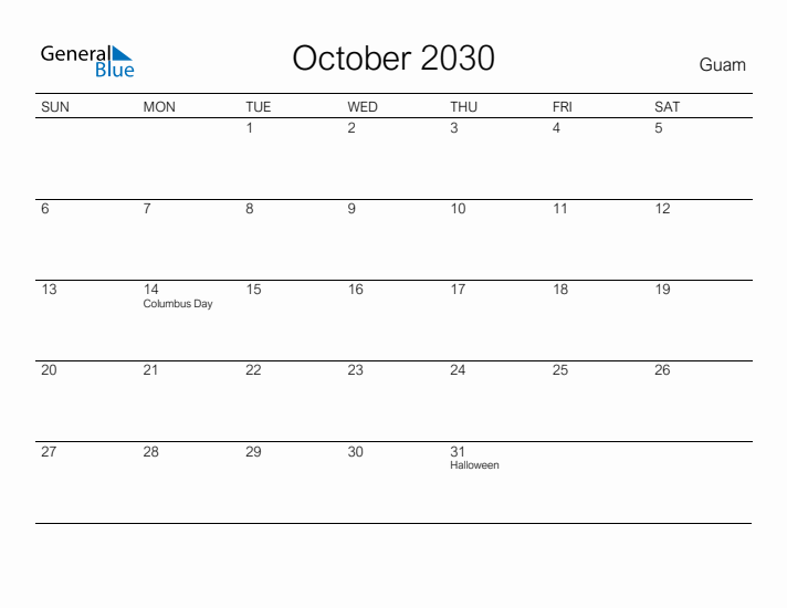 Printable October 2030 Calendar for Guam