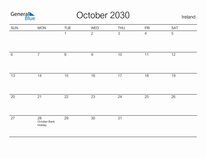 Printable October 2030 Calendar for Ireland